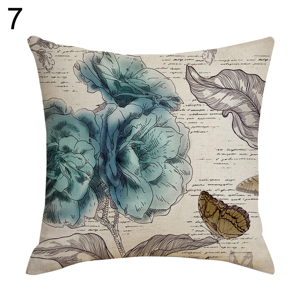 Retro Flower Pillow Case Linen Cushion Cover Sofa Bed Car Cafe Office Decoration